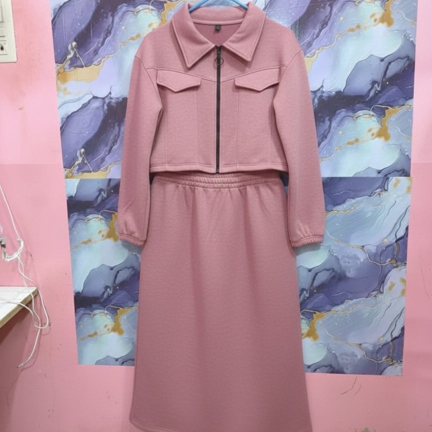 Stylish 2 Piece Set Long Frock Maxi Dress With Matching Zipper Jacket Premium Quality - Black