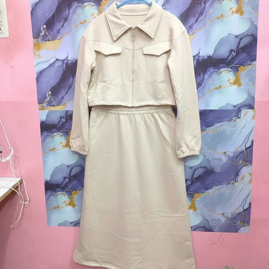 Stylish 2 Piece Set Long Frock Maxi Dress With Matching Zipper Jacket Premium Quality - Black