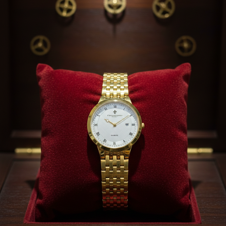 Classic Gold-Plated Men's Quartz Watch - Luxury Inspired Vacheron & Longines Style Dress Watches with Date Display & Link Bracelet ( golden with golden dial )