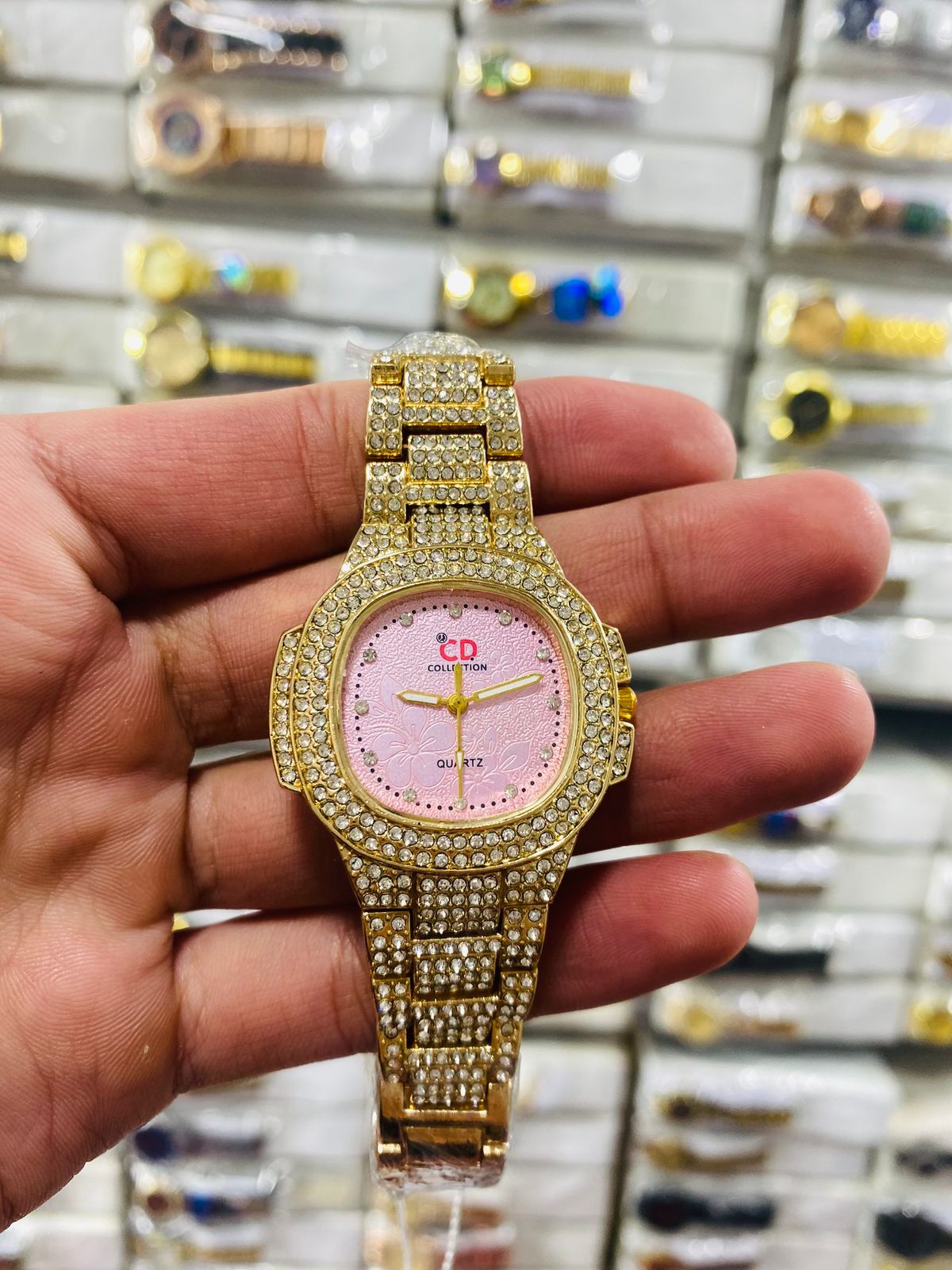 Two Toned Iced Out Quartz Movement Womens Watch without box(black watch)