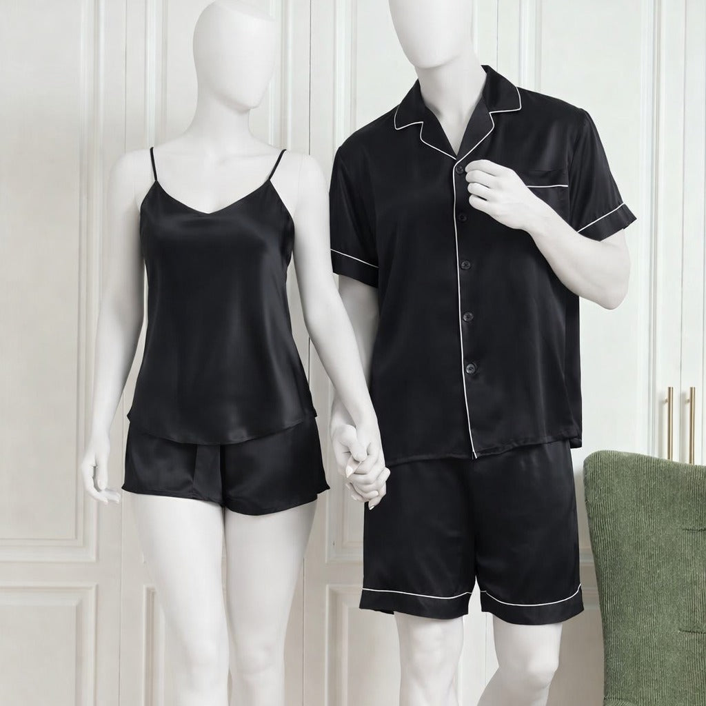Couple Night Dress / Night Suit / Silk Sleepwear Set – 4-Piece Camisole & Shirt with Shorts | SKU DC-C015 | Black