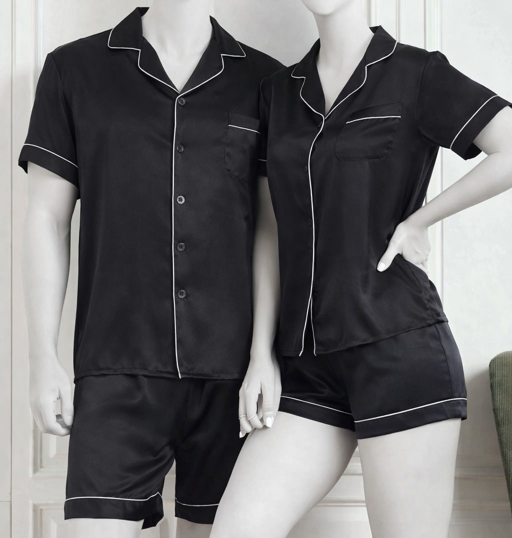 Couple Night Dress Silk Pajama Set – Short Sleeve Shirt & Shorts (4 Pcs) | SKU DC-C014 | Black