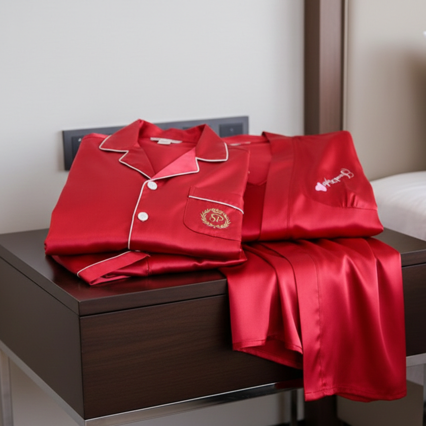 Couple Night Dress Silk Sleepwear Set – 4-Piece Pajama & Robe Set | SKU: DC-C012 | Black