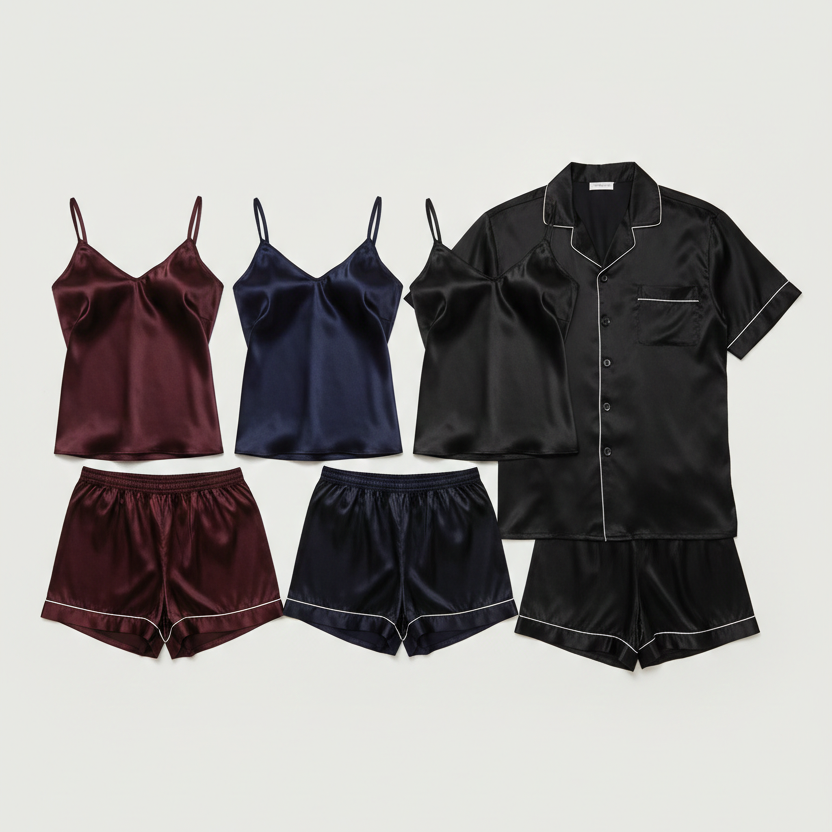Couple Night Dress / Night Suit / Silk Sleepwear Set – 4-Piece Camisole & Shirt with Shorts | SKU DC-C015 | Black