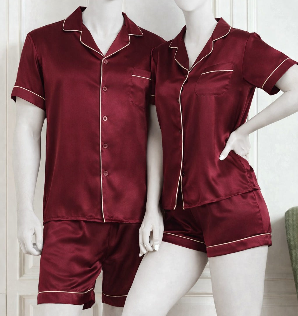 Couple Night Dress Silk Pajama Set – Short Sleeve Shirt & Shorts (4 Pcs) | SKU DC-C014 | Black