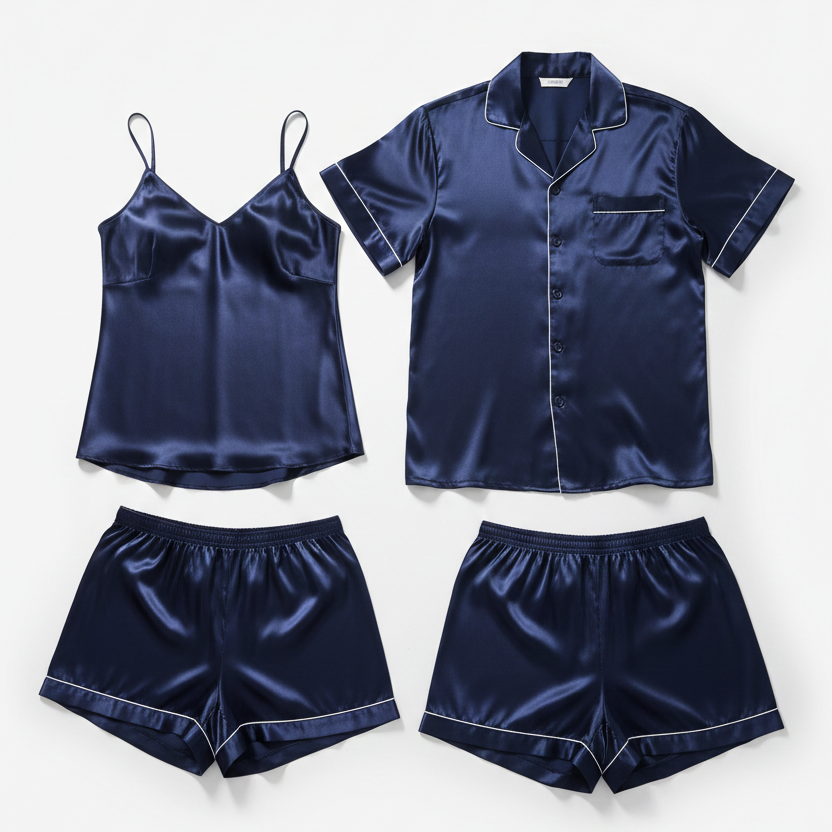 Couple Night Dress / Night Suit / Silk Sleepwear Set – 4-Piece Camisole & Shirt with Shorts | SKU DC-C015 | Black