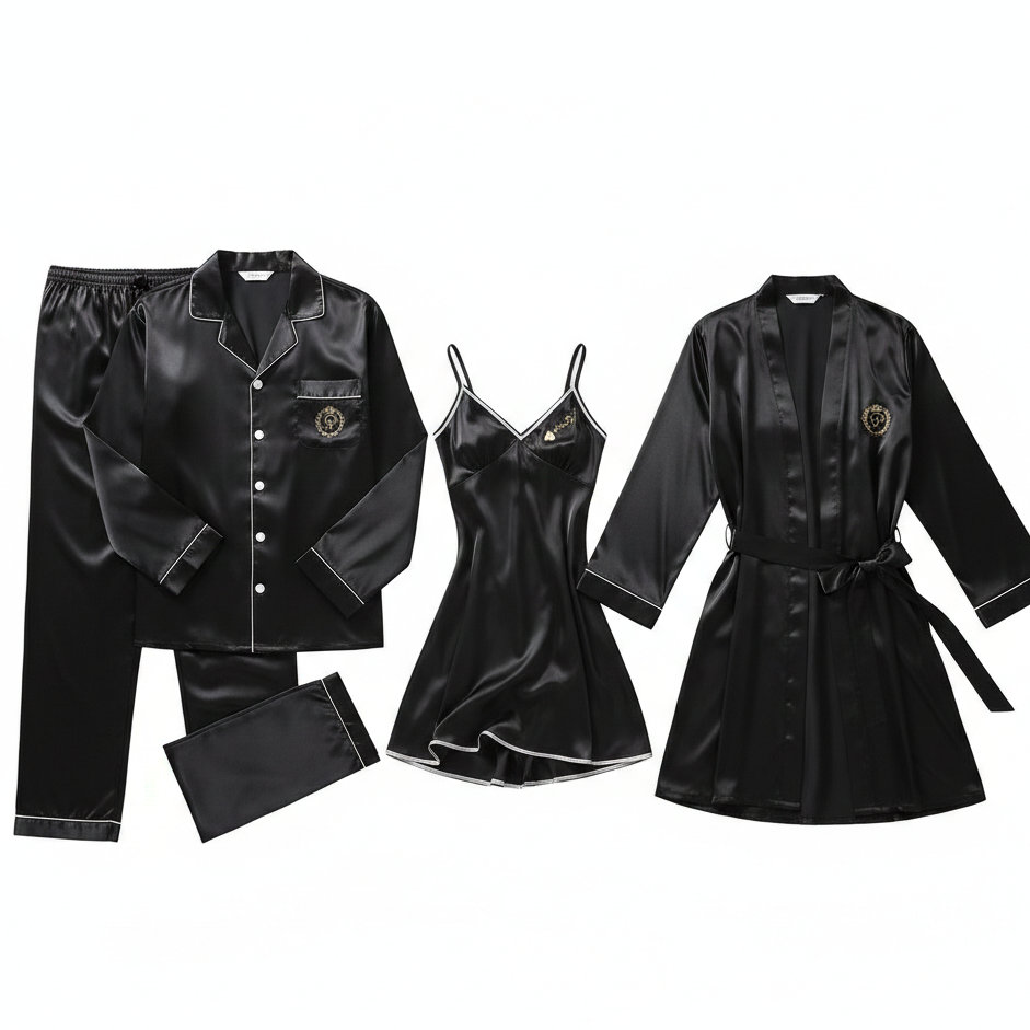 Couple Night Dress Silk Sleepwear Set – 4-Piece Pajama & Robe Set | SKU: DC-C012 | Black