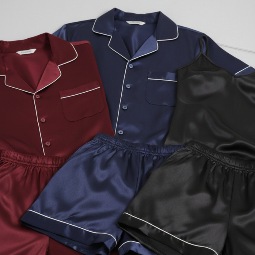 Couple Silk Night Suit / Sleepwear Set – Shirt & Shorts with Slip Dress | SKU DC-C013 (3 Pcs) | Black