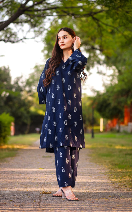 ( nevy blue)  Saleha Design Block Print  Stitched Suits casual wear for girls (Summer Lilen)