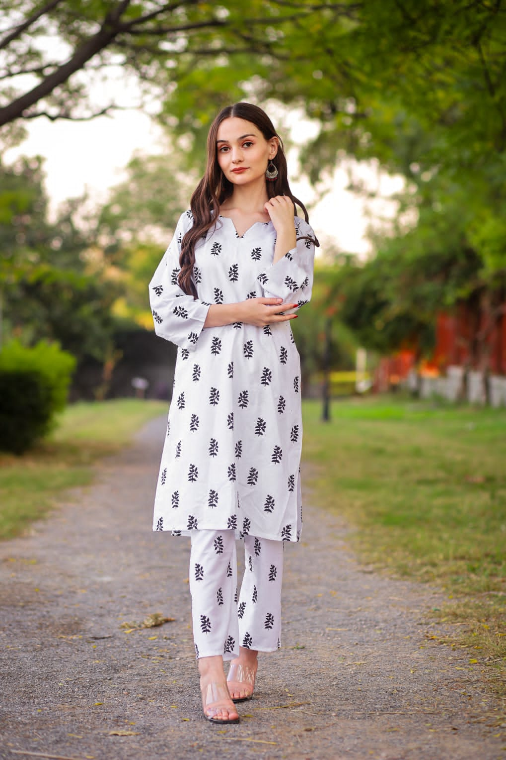 ( white )  Saleha Design Block Print  Stitched Suits casual wear for girls (Summer Lilen)