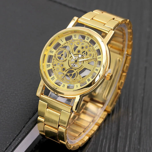 golden New Look Luxury Analog Skeleton Quartz Stainless Steel Watch For Men &amp; Boys (without box )